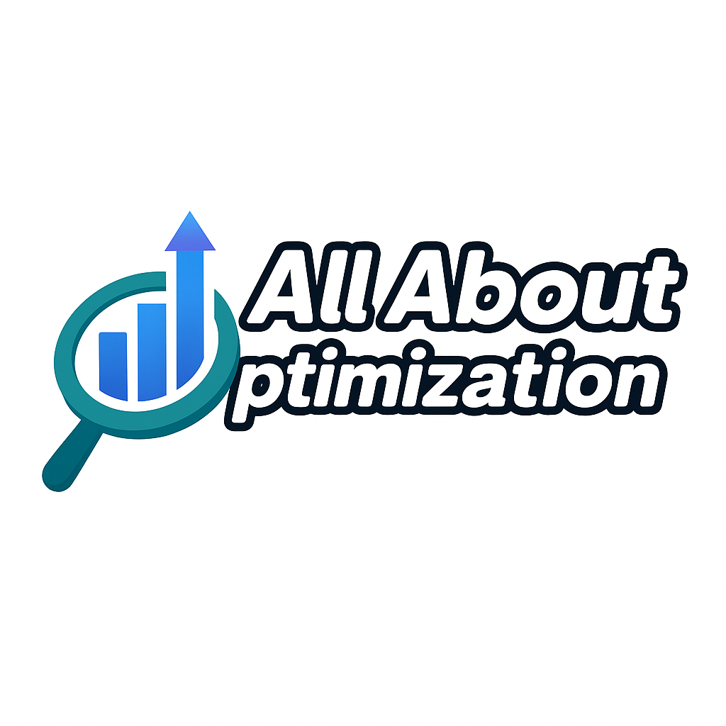 Logo for All About Optimization, a Pittsburgh-based SEO services company featuring a magnifying glass with a bar graph and upward arrow.