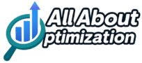 Logo for All About Optimization, a Pittsburgh-based SEO services company featuring a magnifying glass with a bar graph and upward arrow.